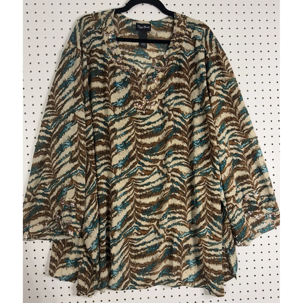 Maggie Barnes Tunic Top 5X brown, turquoise Stripes Sequins beaded flowing